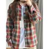 Women Checkered Shirts Contrasting Color Design Single Pocket Lapel Bloues Korean Loose Versatile Ladies Cardigan
