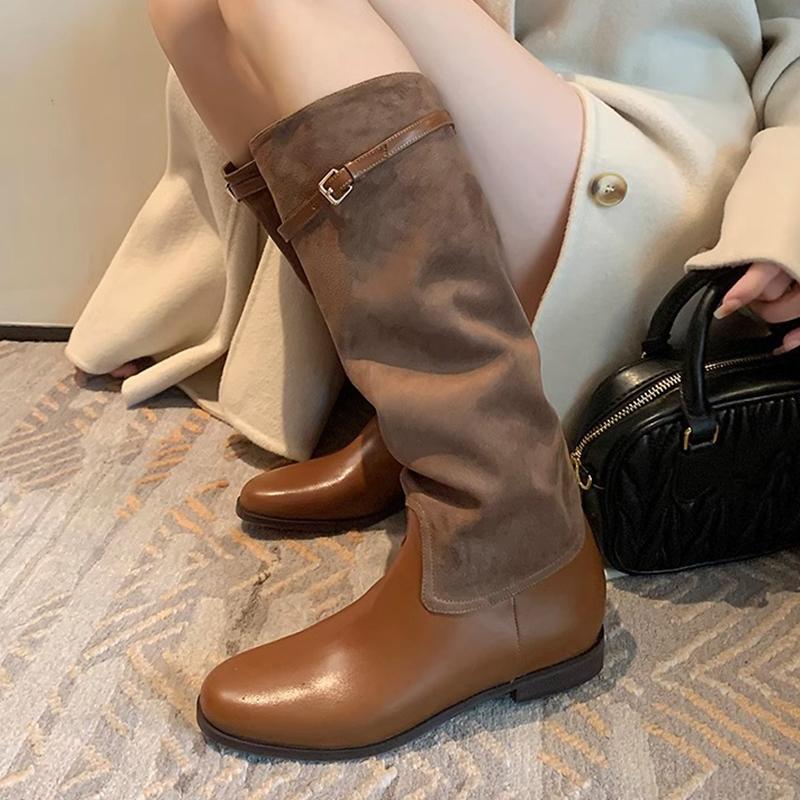 Women High Boots Flats Suede Chelsea Leather Boots Fashion Shoes Woman 2024 Trend Winter Knee High Snow Motorcycle Botas Mujer