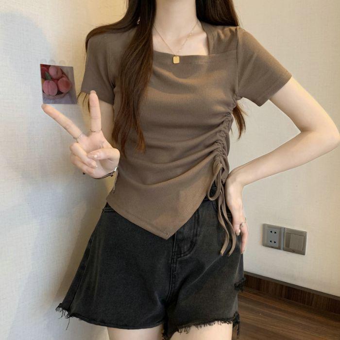 Футболка с короткими рукавами и неровной завязкой, женская летняя, большого размера, Fat Mm Thin Covering Meat Chic Sweet and Spicy, короткий топ с квадратным воротником