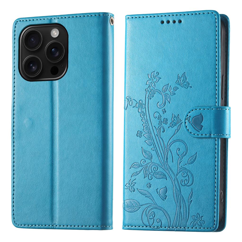 For iPhone 16 Pro Max Wallet Case Butterfly Floral Imprint PU Leather Phone Cover with Wrist Strap