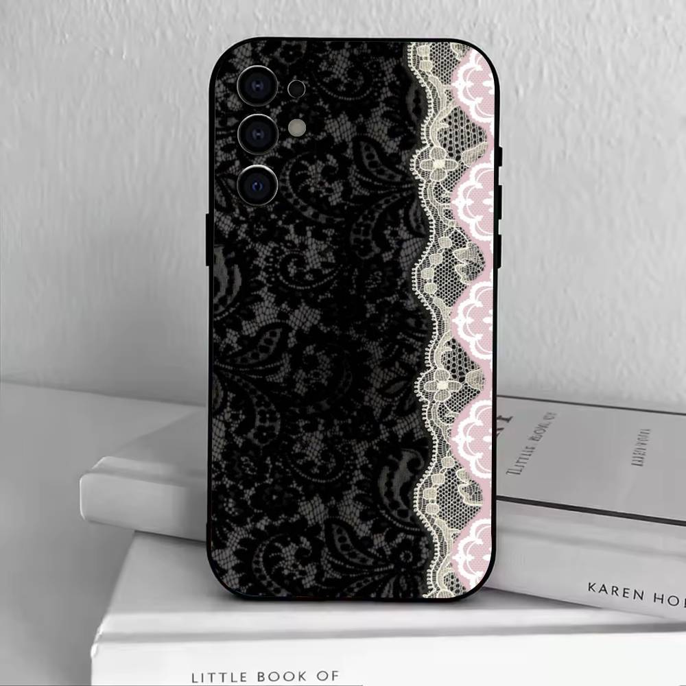 Элегантный дизайн с принтом черного кружева Чехол для телефона для Samsung S25,S24,S21,S22,S23,S30,Ultra,S20,Plus,Fe,Lite,Note,10,Черный чехол