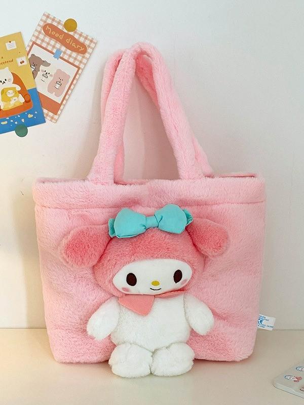 Kuromi Large Tote Bag With Plush Embroidery For Daily Casual Use