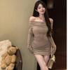 One-shoulder Brown Hip-covered Dress for Women In Spring and Autumn, Slim Fit Inside To Show Their Figure, Base Short Skirt