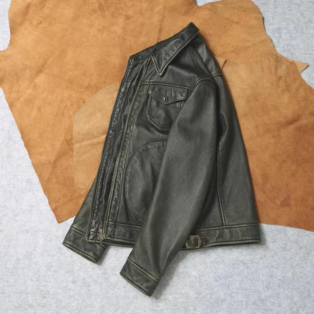 Китайский размер, винтажная оливково-зеленая натуральная воловья мужская кожаная куртка, осеннее пальто с отложным воротником из натуральной кожи