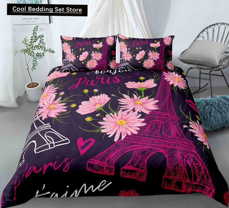 Пододеяльник с изображением парижской башни King Queen Знаменитые здания во Франции Комплект постельного белья для взрослых Розовый Романтический 2/3 шт. Полиэстеровый пододеяльник