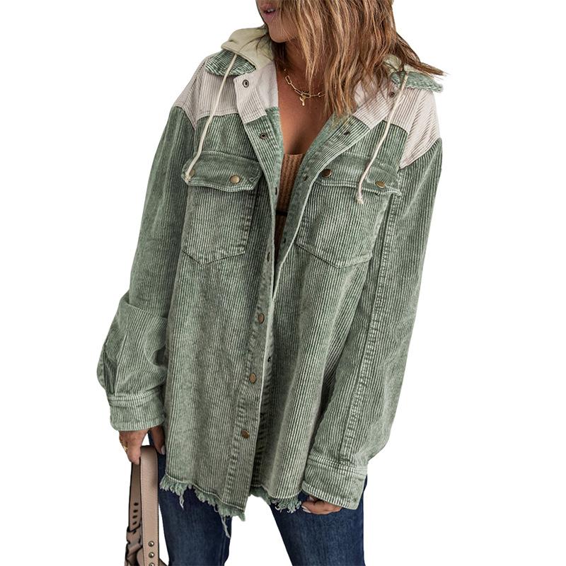 Women Corduroy Jacket Casual Coat Hooded Single Breasted Pockets Patchwork Tops Overcoat 2025 Female Streetwear Outerwear