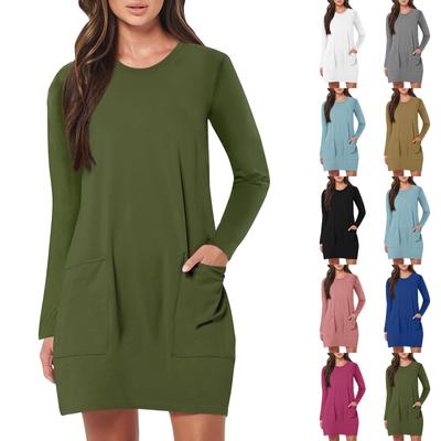 Женские модные платья с круглым вырезом и карманами средней длины для пляжного отдыха с длинным рукавом