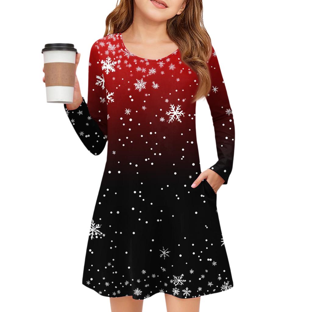 Christmas Day Girls' Long Sleeve Dress - Color Pocket Dress