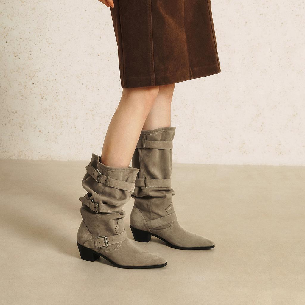 New Spot Suede Pointed Pile Boots 2025 Autumn and Winter New Western Cowboy Boots Wasteland Wind Retro Big Tube