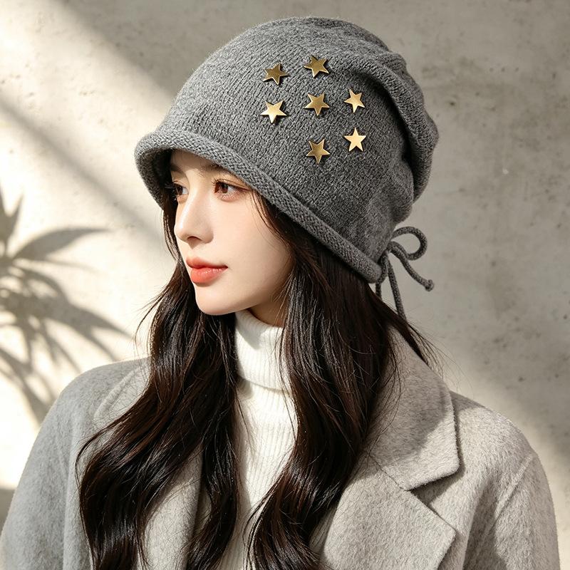 ins retro star knitted headgear women's thin lazy loose cold hat versatile casual pile hat