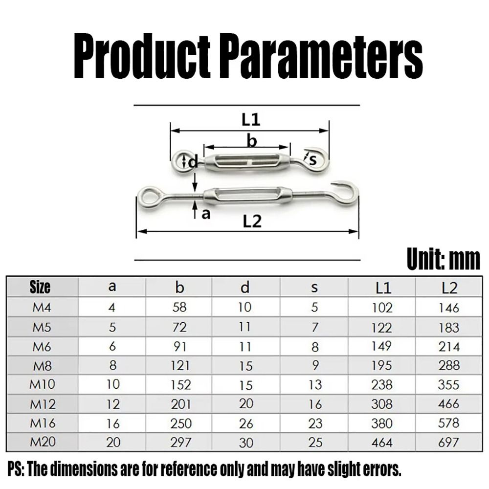 1Pcs Hooks & Eye Turnbuckle Wire Rope Tensioner 304 Stainless Steel Oc Oo Cc Type Tension Device Line M4/M5/M6/M8