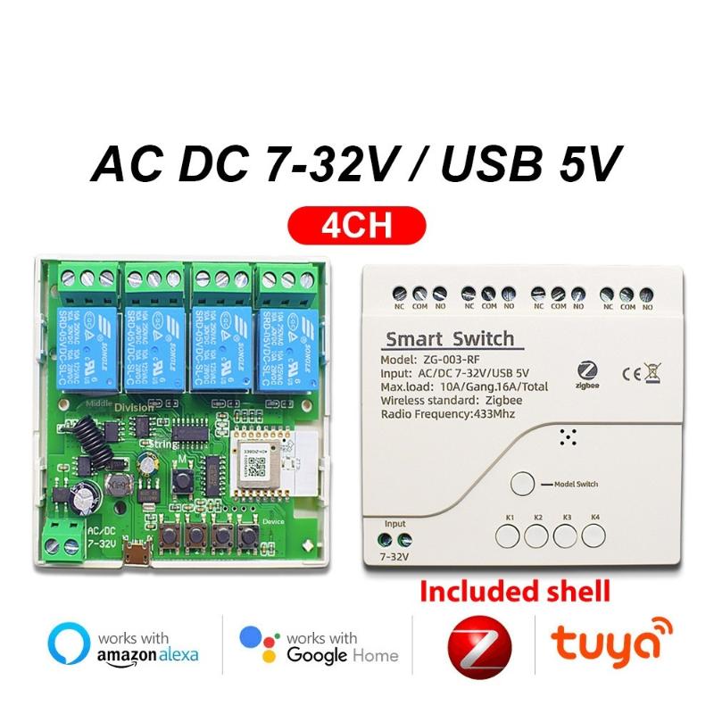 С Shell Zigbee 1 2 4-канальный 12В 24В 220В Умный переключатель Tuya Модуль реле Сухой контакт 4-канальный Din-рейка Требуется шлюз/хаб