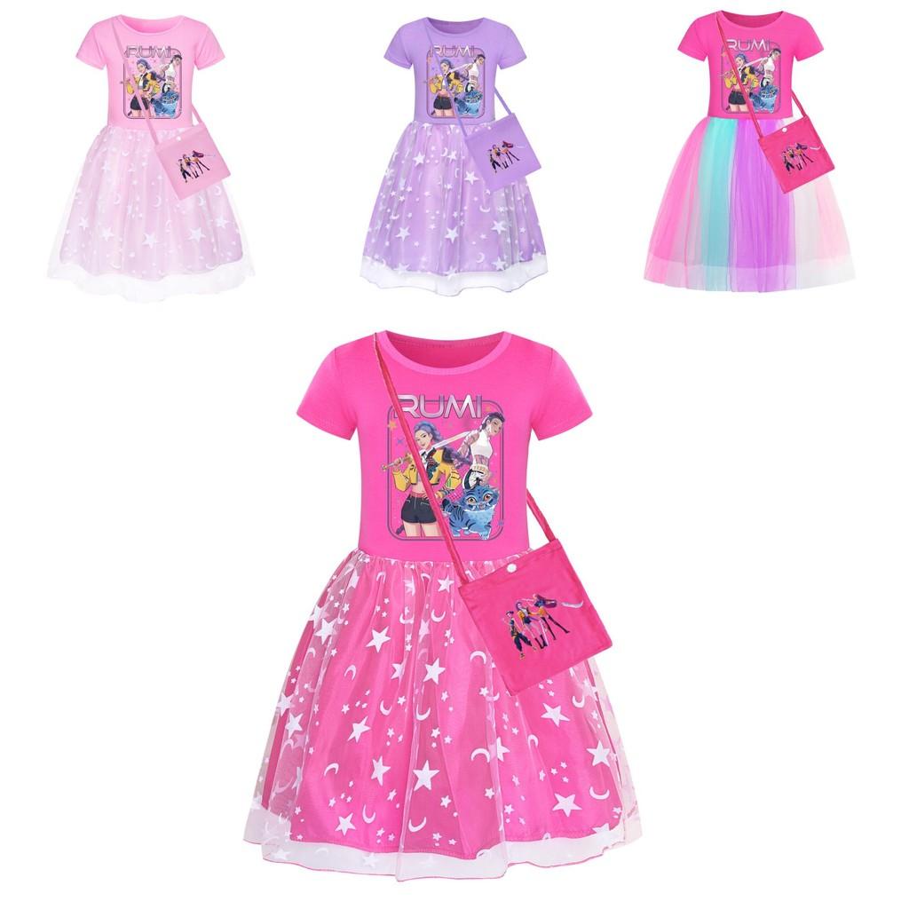 Kpop Demon Hunters Pattern Girl Dress With Cotton Fabric And Pleated Skirt For Kids Girls