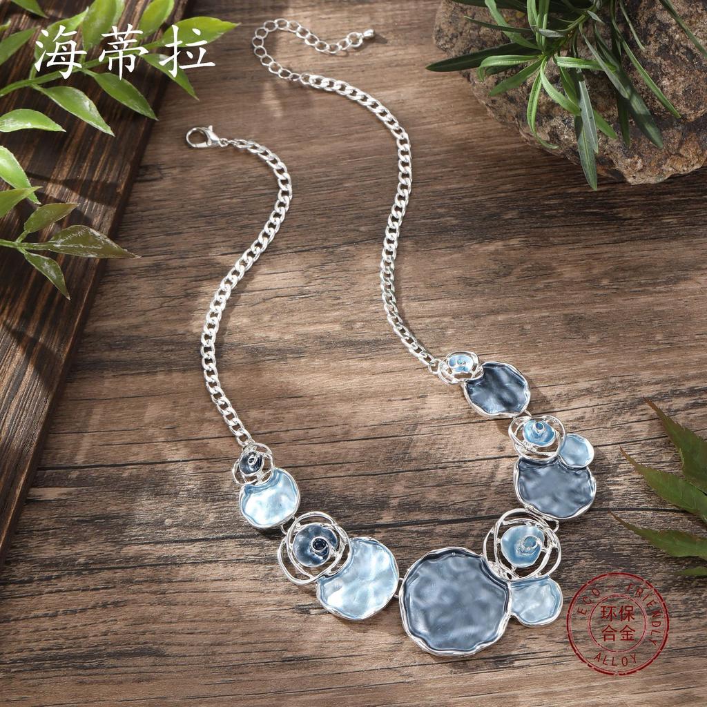 Цветная живопись масло роза ожерелье, геометрическая полая роза женское высококлассное весеннее цветное ожерелье