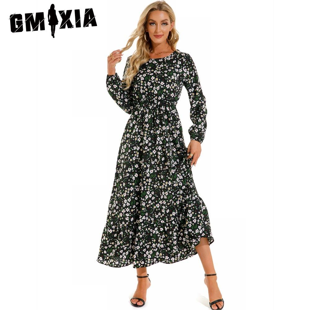 GMXIA Весна Лето Богемный Женское Макси Платье Повседневный Длинный Рукав Высокая Талия Пляжное Платье Женские Цветочные Шифоновые Платья Vestidoes Mujer Новинка