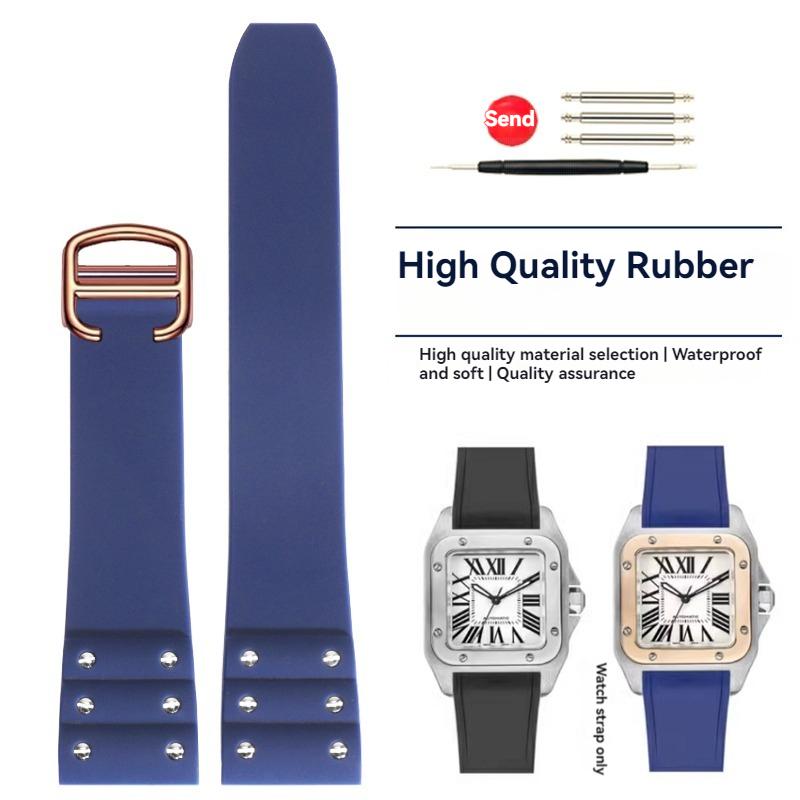 Высококачественный резиновый ремешок для часов Cartier Santos, ремешок для Santos 100 Series, черный, синий, водонепроницаемый браслет, ремень с раскладывающейся застежкой, 21 мм