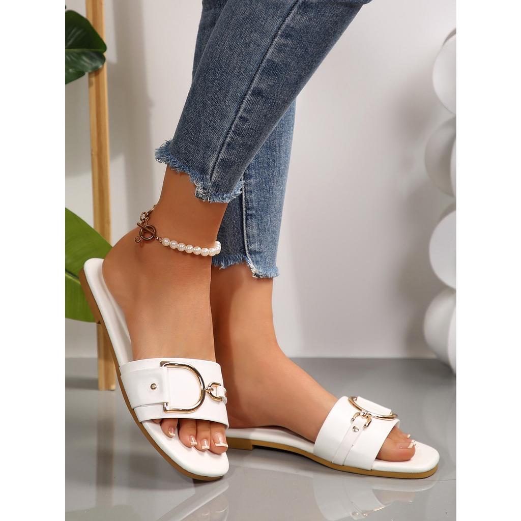 Женская обувь, новые модные тапочки, классический темпераментный комплект, однотонные сандалии с квадратным носком и металлическими украшениями