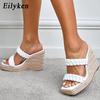 Platform Weaving Gladiator Casual Wedges Slippers Ladies Summer Outdoor Fashion Square Toe High Heel Women Shoes