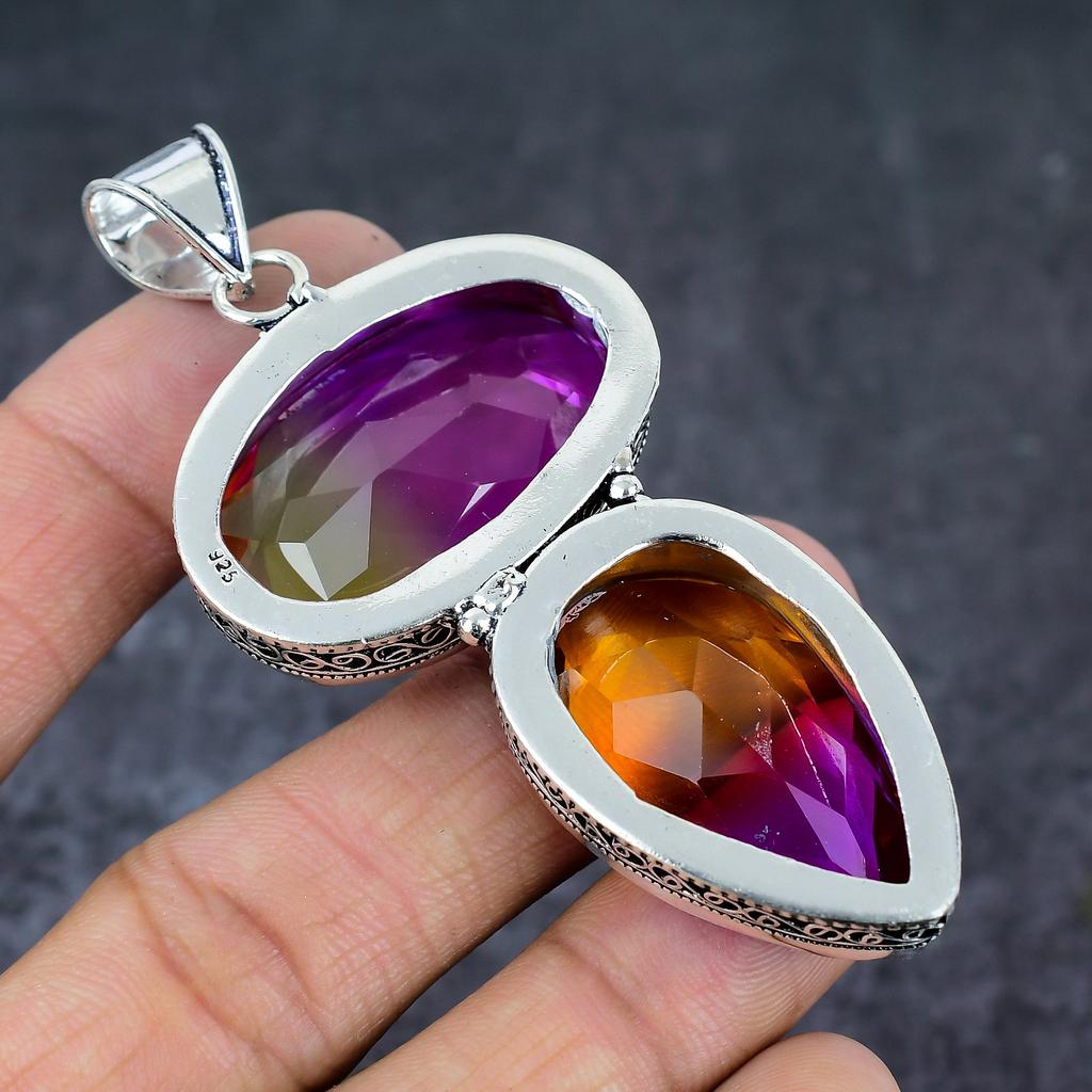 Natural Bi-Color Tourmaline 925 Sterling Silver Jewelry Pendant 3.31" E0b20