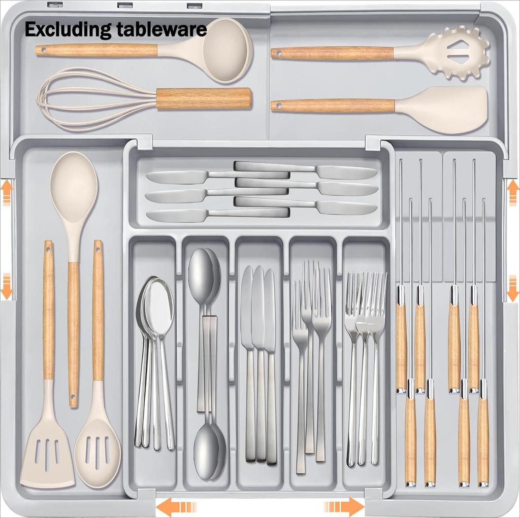 9-Compartment Expandable Cutlery Organizer| Large-Capacity Plastic Drawer Tray for Forks, Spoons, and Kitchen Utensils