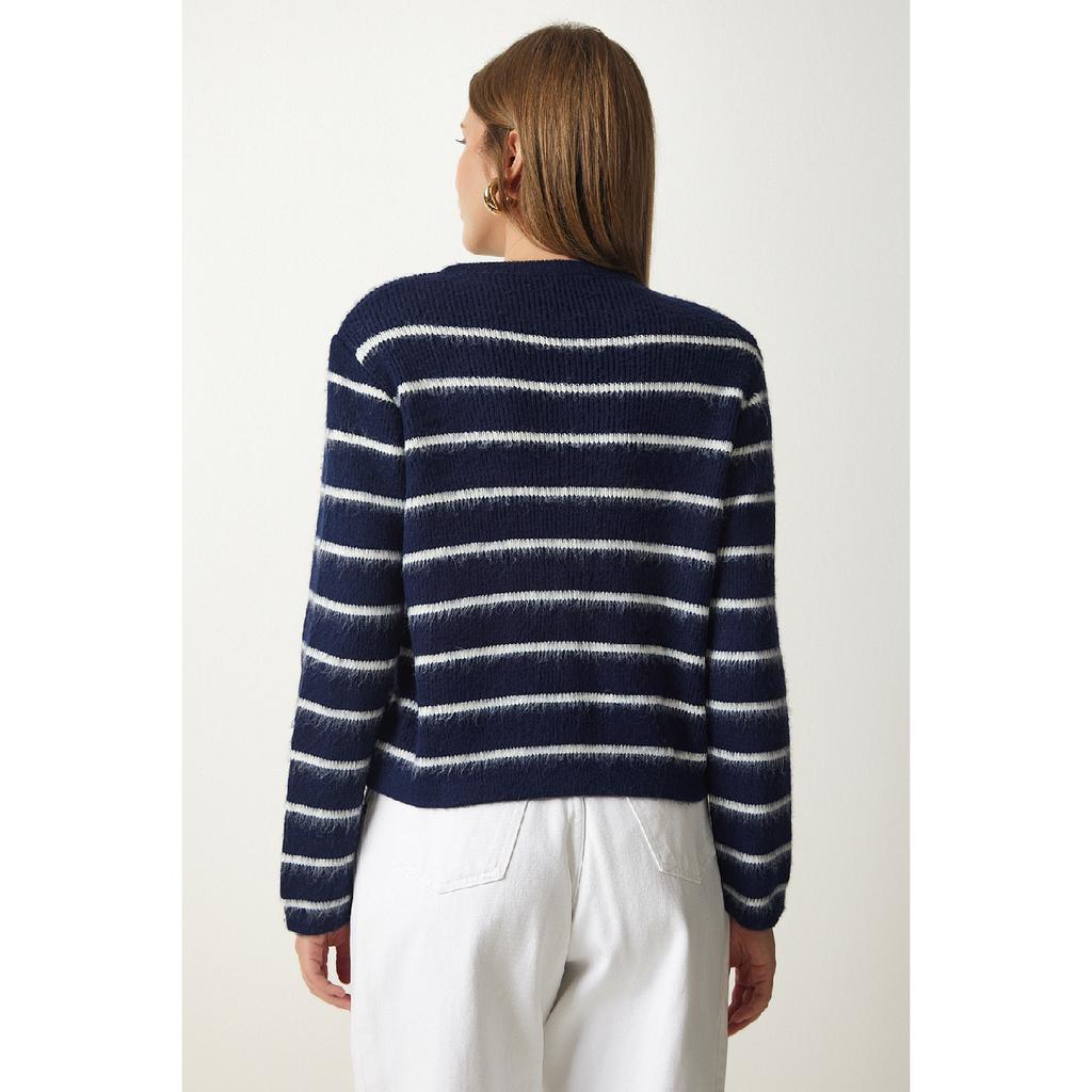 Женский костяной черный стильный трикотажный кардиган в полоску на пуговицах Pf00051