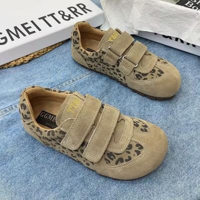 Леопардовый принт немецкие кроссовки женские большие ретро-кроссовки 2025 весна новые повседневные кроссовки на липучках из матовой кожи