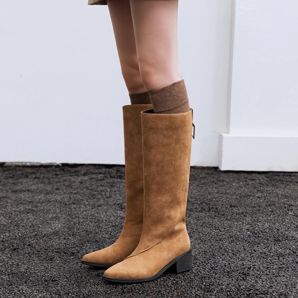 Fashion 2024 Winter Women Boots Pointed Toe Knee-high Boots Women Shoes Slip-on Modern Ladies Shoes Retro Chelsea Western Boots