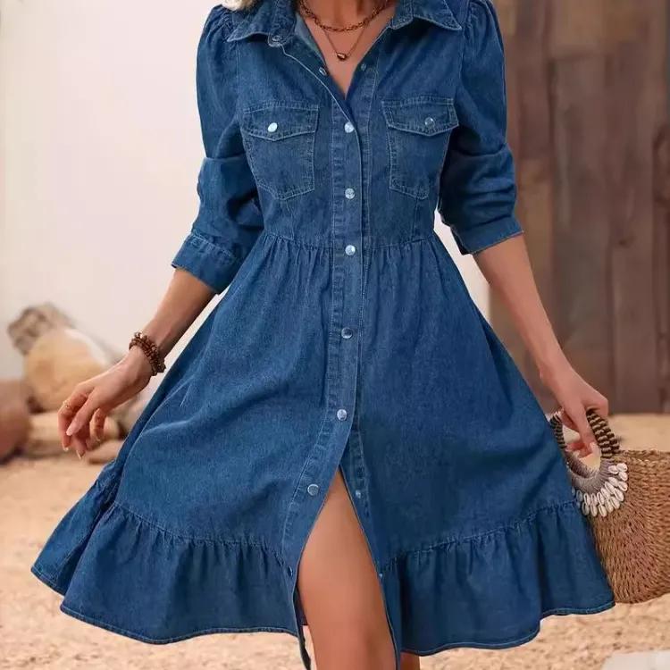 Весна Лето Оборки Женское Синее Джинсовое Платье Элегантная Рубашка на Пуговицах Платье Миди Женские Повседневные Платья Халат Femme