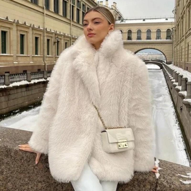 Женское пальто из искусственного меха Зимняя утолщенная куртка средней длины с вырезом Уличный стиль Элегантная верхняя одежда