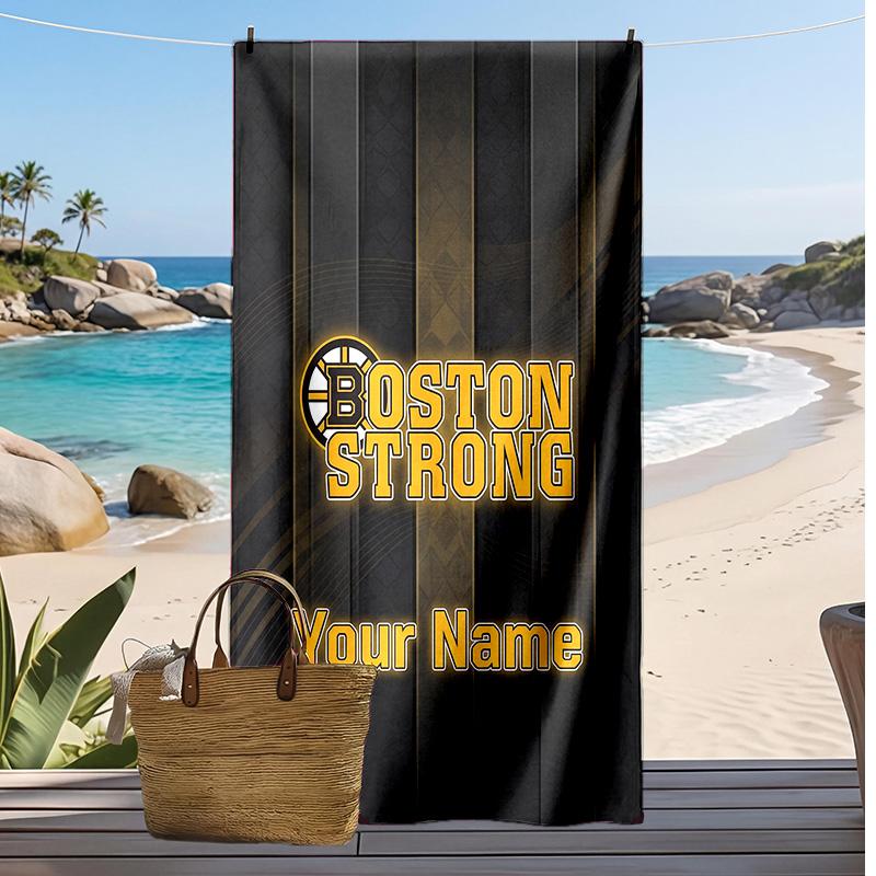 Boston Bruins Custom Beach Towel, Print Your Name Text Lightweight Absorbent Towel for Swimming Travel