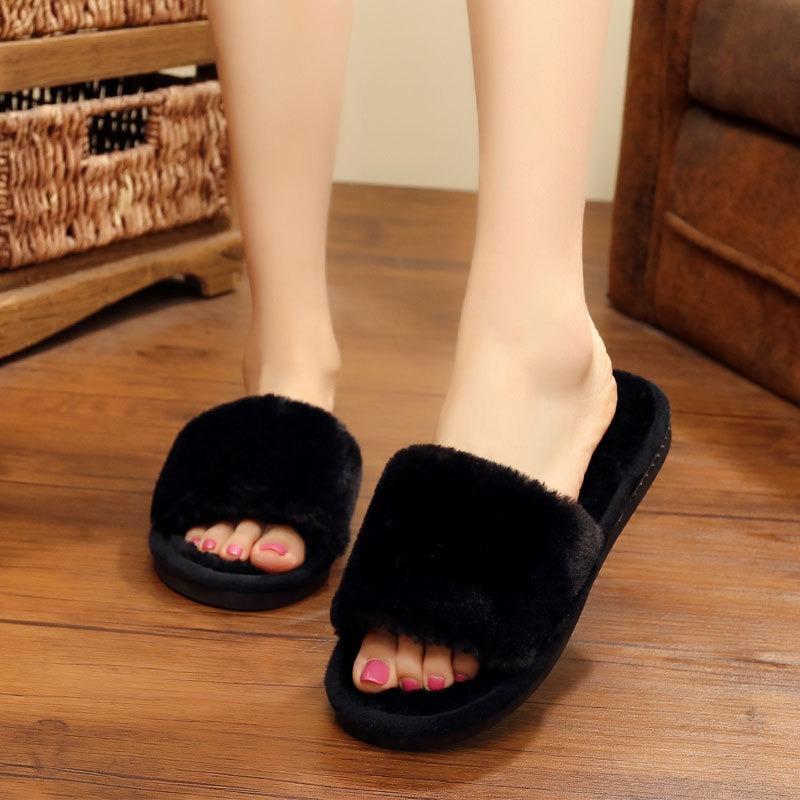Women House Autumn Winter Furry Slippers Non-Slip Solid Colors Casual Indoor Flats Floor Shoes Ladies Flip Flops Warm Shoes
