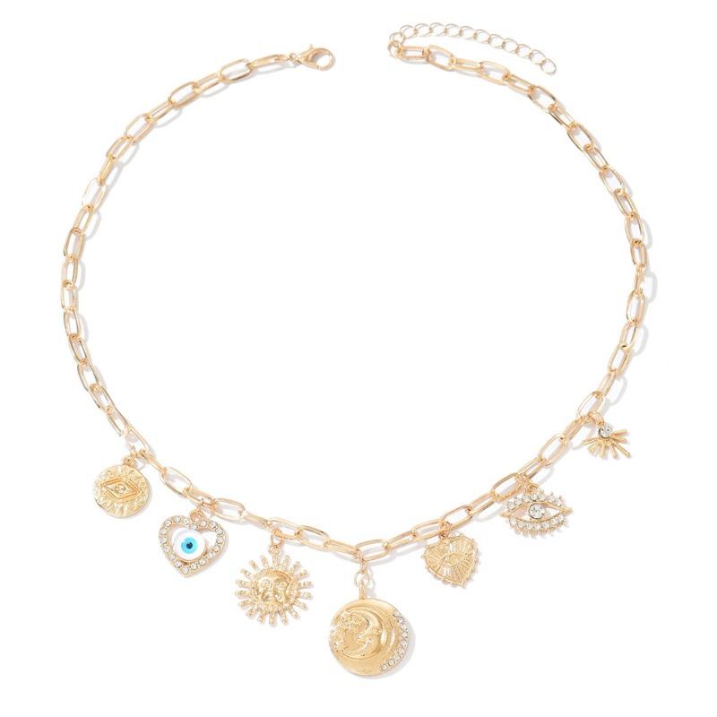 Devil's Eye Love Clavicle Chain Jewelry Vintage Embossed Star Moon Sun Flower Necklace