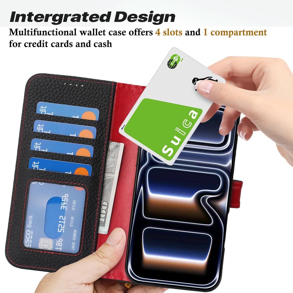 Чехол-подставка для iPhone 17 Pro Max, текстура личи, натуральная коровья кожа, кошелек, чехол для телефона, блокировка RFID