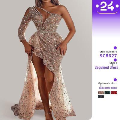 Мечтательное вечернее платье с высоким разрезом и пайетками - Женская формальная одежда с длинным рукавом