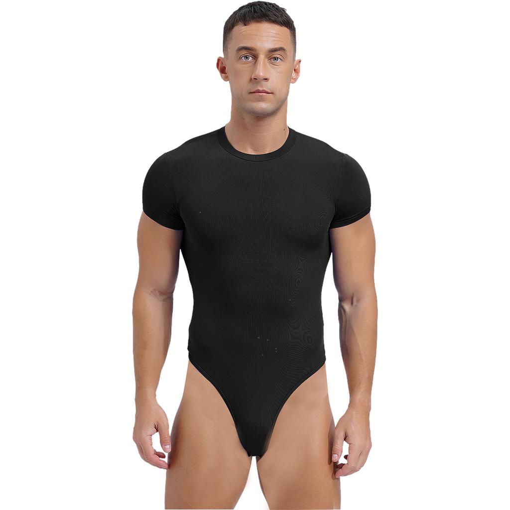 Men's One Piece Thongs Bodysuit Short Sleeve Button Crotch Shirt Leotard Snappies Rompers Jumpsuit