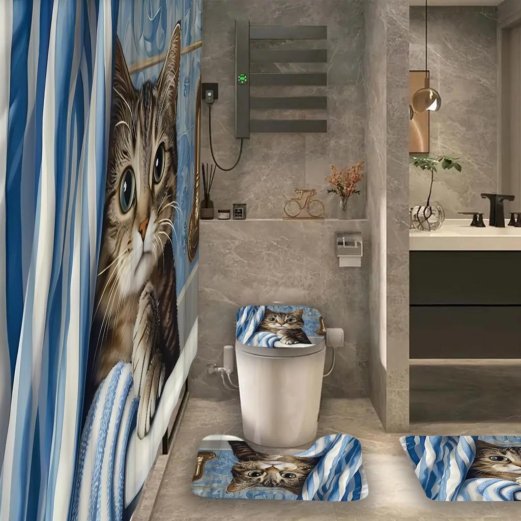 1/4 шт. Роскошный милый узор для кошек, водонепроницаемый комплект занавесок для душа, декоративный набор для ванной комнаты, нескользящий коврик для унитаза, коврик для ванной и 12 крючков