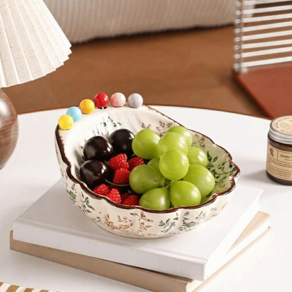 Large Capacity Fruit Bowl with Fork Ceramic Dessert Salad Bowl Luxury Snack Plate Coffee Table