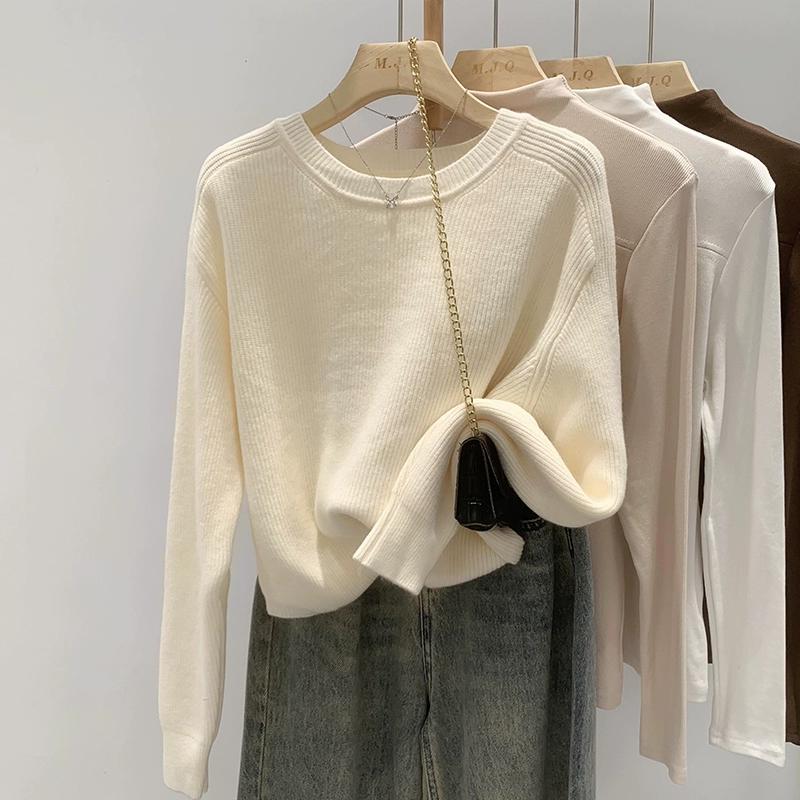 DIMANAF 2024 Осень Женские Базовые Свитера Летучая Мышь Пуловеры Топы Короткие Женские Полосатые О-Образным Вырезом Трикотажные Однотонные Свитера