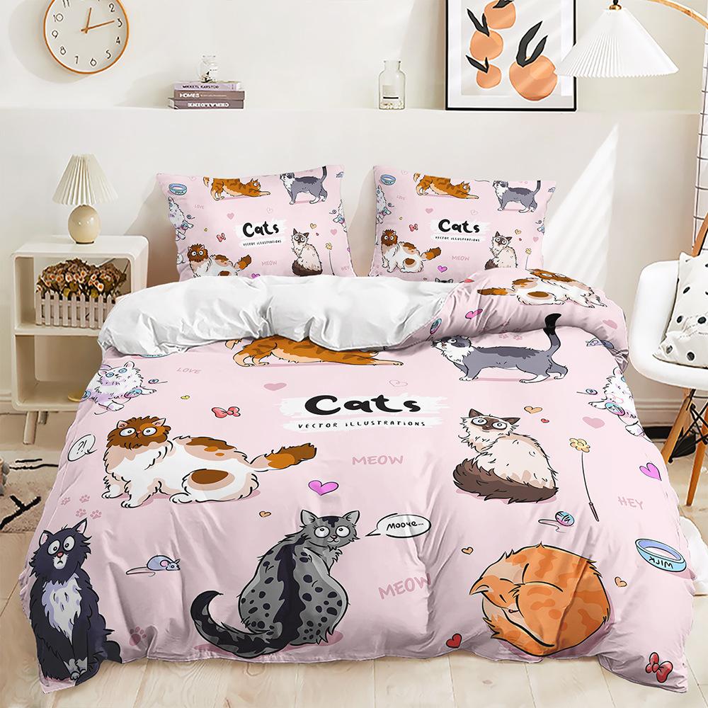 Three-Piece Small Animal Illustration Cat Hedgehog Quilt Set Two-Piece Bedding Set