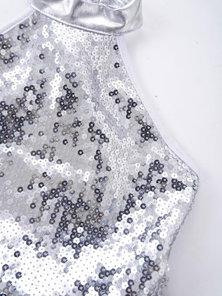 Костюм для танцев для девочек, халтер, без рукавов, с открытой спиной, сверкающие пайетки, платье-пачка, наряд для выступлений, аксессуар для волос