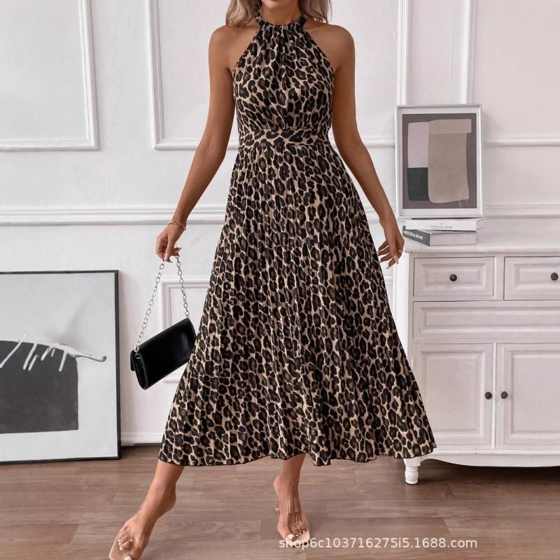 Womens 2025 Leopard Print V-Neck Backless Slip Dress High Waist Flowy Maxi