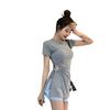Hong Kong style retro summer round neck short sleeve careful machine waist drawstring irregular split T-shirt women's top