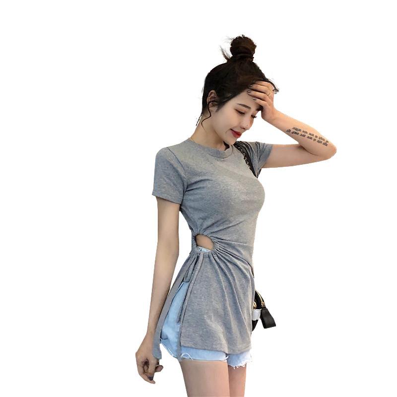 Hong Kong style retro summer round neck short sleeve careful machine waist drawstring irregular split T-shirt women's top