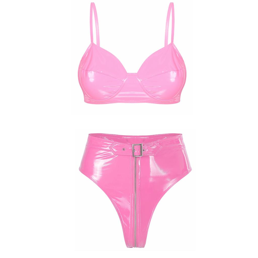 Женский костюм для ночного клуба Rave Pole Dance, комплект кожаного нижнего белья из 2 предметов, эластичный бюстгальтер, топ с трусиками, боди Babydoll