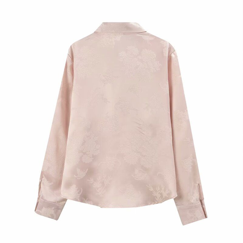 Fashion Style 2024 Spring New Arrival Women's Fashion All-Match National Style Stylish Long Sleeves Jacquard Slub Button Shirt