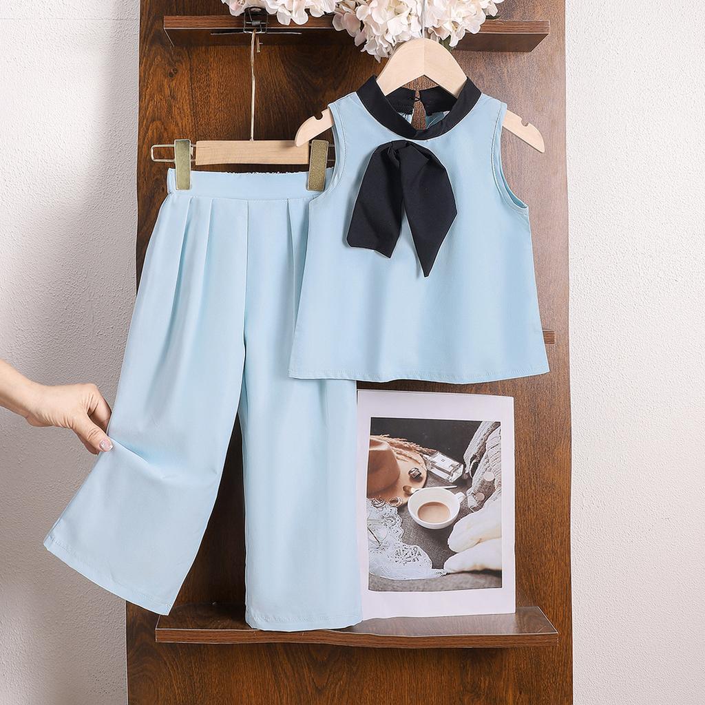 Модный комплект для девочек 2025 года, летний детский повседневный свободный топ без рукавов с круглым вырезом + брюки