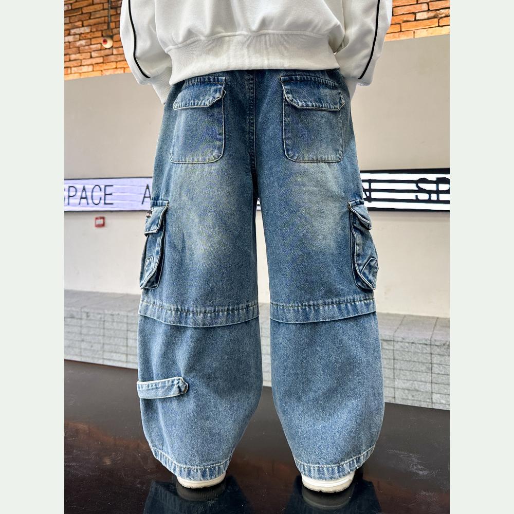 Детские джинсовые брюки весна-осень модные джинсы карго для мальчиков корейский стиль повседневные красивые длинные брюки с карманами