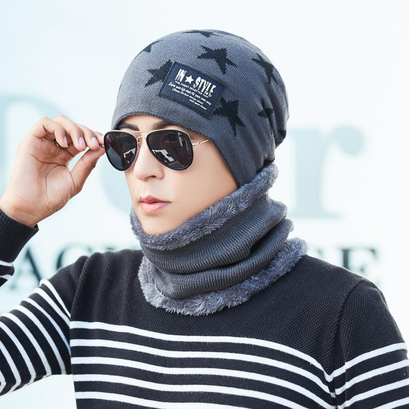 Men's Fleece Knitted Scarf Hat 2-piece Set Trendy Women's Warm Wool Hat Winter Student Cycling Cold