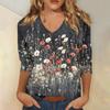 Женские топы, рубашка с рукавом три четверти, свободная повседневная рубашка с V-образным вырезом, футболка с цветочным принтом