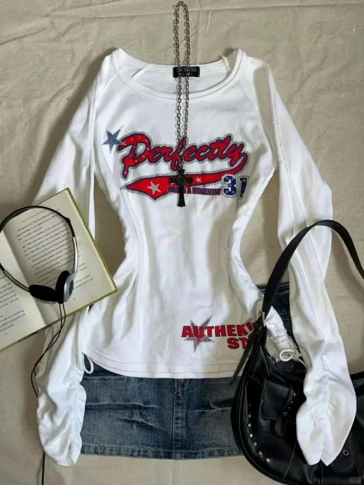 VAYLA Винтажные футболки Y2k для женщин, белые гранжевые графические футболки с длинным рукавом, эстетика 2000-х, уличная одежда в стиле Харадзюку, американский ретро